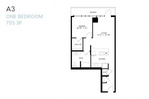 Floor plan for 1 bed, 1 bath, 755 sqft
